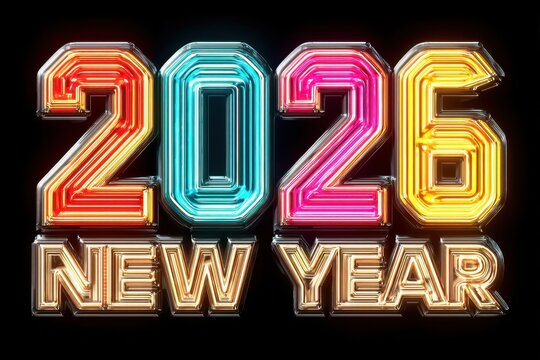 Bright neon 2026 New Year numbers with colorful glow and bold text against black background