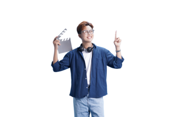 Lights, Camera, Action: A content creator holds a clapperboard and points upward, filled with creativity, enthusiasm, and vision, ready to capture the magic of the moment.