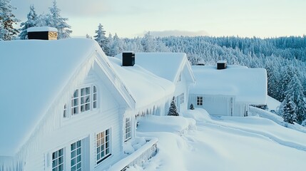 A cozy black house displays icicles and fresh snow on a bright winter day in a charming ski resort community surrounded by trees