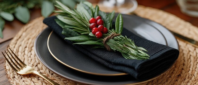 A classy table is set with a white plate, golden utensils, folded napkins, and a woven placemat, creating an inviting atmosphere