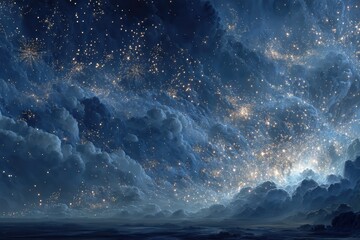 Naklejka premium Dreamlike night sky with glowing clouds and sparkling stars across a vast horizon