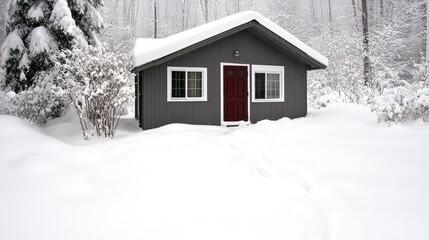 A charming gray craftsman house features a vibrant red door, set against a thick layer of snow in Long Island, New York during winter