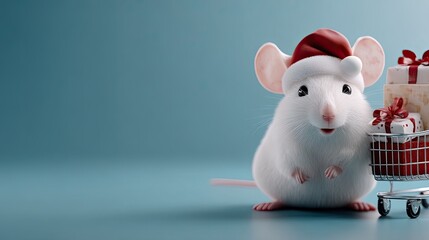 A small animal wearing a Santa hat happily pushes a shopping cart packed with colorful gifts, creating a fluffy cloud effect around it