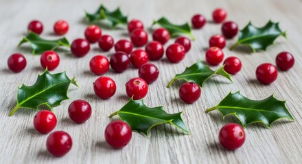 Close-up shot of vibrant red cranberries scattered with green holly leaves on a light wooden surface.