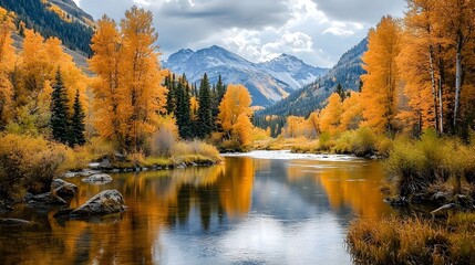 Fototapeta premium Golden Autumn Trees Reflected In Calm River high resolution picture