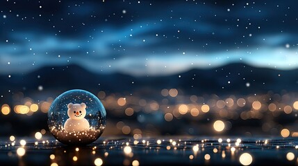 A delightful snowman sits inside a glass globe filled with swirling snow and illuminated by gentle bokeh lights against a dark backdrop