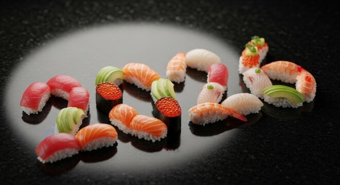 Assorted fresh japanese sushi and nigiri pieces artfully arranged on a dark reflective surface under soft light - Powered by Adobe
