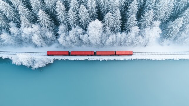 A red locomotive drives along snowy tracks while an ATM crosses paths with a freight train carrying cargo containers in winter scenery - Powered by Adobe