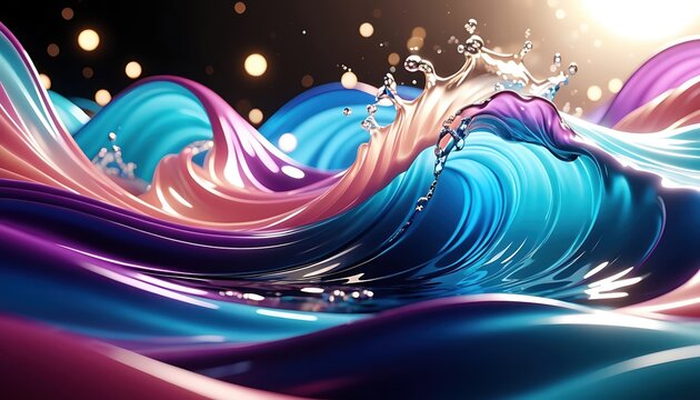 Abstract liquid waves in futuristic 3D rendering style in neon blue and purple tones, representing flow, energy and creative background design with space to copy