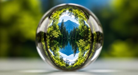 A crystal ball reflecting a vibrant landscape with trees, mountains, and a clear blue sky, creating a unique perspective.