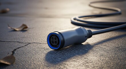 Naklejka premium Close-up shot of an electric vehicle charging cable and connector on cracked pavement.