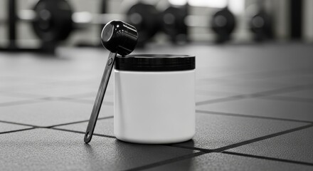 Protein powder jar with scoop on gym floor, blurred fitness equipment background. Sports nutrition, supplement, bodybuilding, healthy lifestyle, gym essentials, muscle growth, workout food