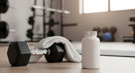 Dumbbell, white supplement bottle and towel on light gym floor, minimal fitness studio. Sports nutrition branding, healthy routine, muscle support, training essentials, bodybuilding, clean product.