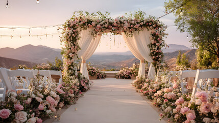 Romantic outdoor wedding ceremony with floral archway at sunset