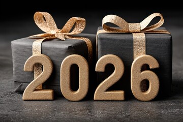 Golden 2026 gifts: two black boxes with glittering ribbons for New Year celebration