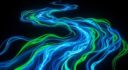 Abstract illustration of flowing energy, with vibrant blue and green lines against a dark background.