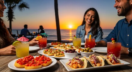 People enjoying a meal with drinks at a beachside restaurant during sunset.