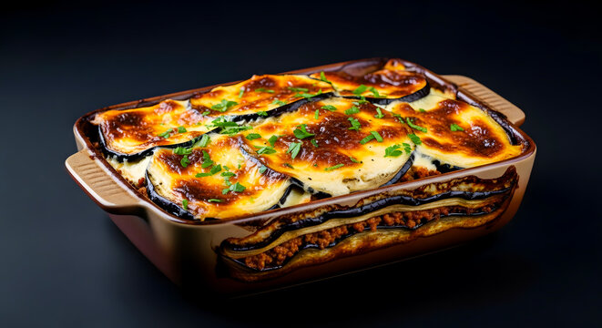 Delicious baked eggplant moussaka gratin with a creamy b&eacute;chamel topping, a classic Mediterranean comfort food dish perfect for a family meal