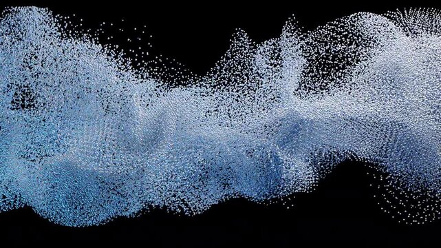 Abstract wave blue white pixels cubes particles black background. Digital data flow, technology, network, big data, AI, blockchain concept. Modern, futuristic, dynamic visual.