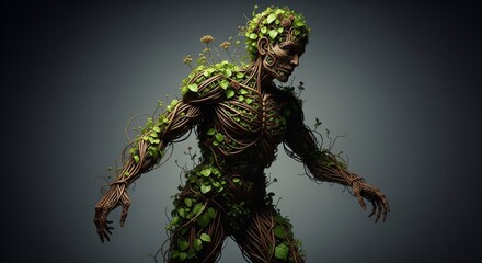 A detailed depiction of a humanoid figure composed of intertwined vines and foliage.