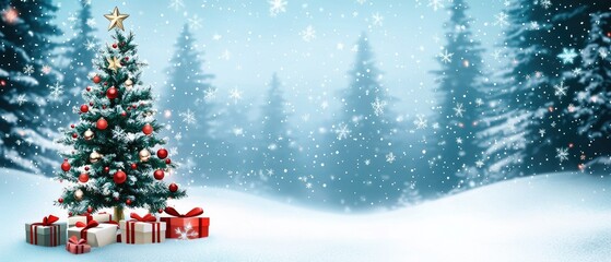 Snowy landscape features a beautiful Christmas tree surrounded by colorful gifts among tall pine trees and falling snowflakes
