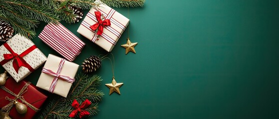 Colorful presents with ribbons and ornaments are arranged among pine branches, set against a deep green backdrop for a festive feel