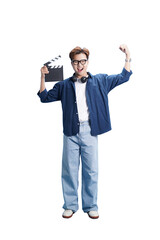 Action! Director's Delight: A lively director, beaming with pride, holds a clapperboard aloft, a symbol of creative passion, with raised arm. Capturing pure joy 