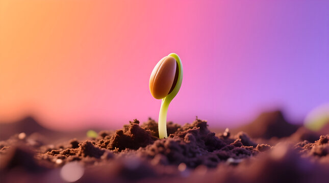 Tender sprout emerging from soil against vibrant sunset colors, symbolizing hope, growth, and new beginnings for a sustainable future