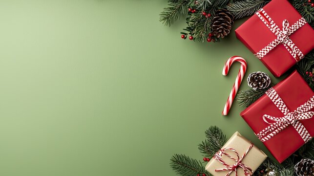 Colorful wrapped gifts sit alongside candy canes and fresh evergreen branches, creating a joyful holiday scene perfect for celebration
