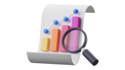 Analyze colorful chart data with magnifying glass, a visual representation of business growth and financial analysis, revealing insights for investors and strategic planning success