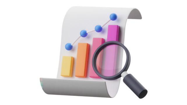 Analyze colorful chart data with magnifying glass, a visual representation of business growth and financial analysis, revealing insights for investors and strategic planning success