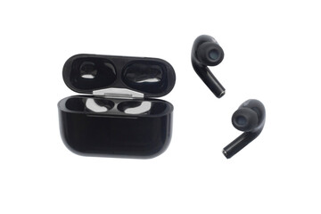 Black modern wireless headphones isolated on white background. Copy space