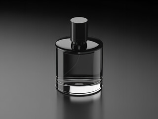 Luxury glass perfume bottle with a transparent spray liquid isolated on a reflective black background, exuding a blue aroma and fashion sense