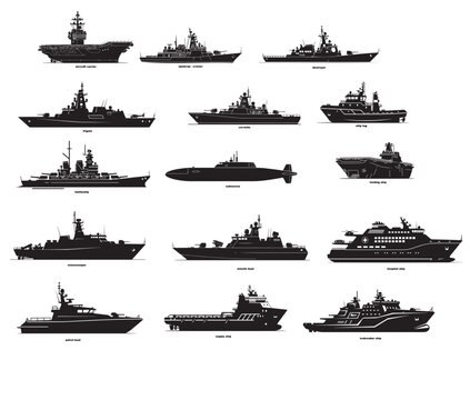 A comprehensive vector set of modern naval ship silhouettes on a transparent background