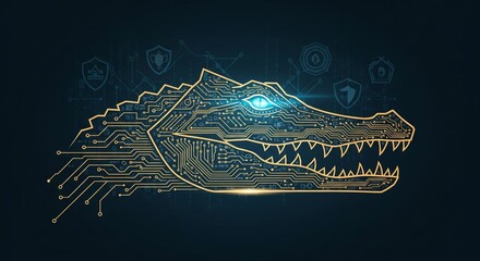 A digital illustration of a crocodile head formed from circuit board patterns, representing cybersecurity.