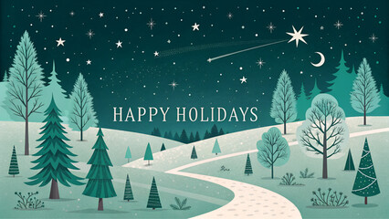 Peaceful Winter Landscape Illustration with Snowy Trees and Starry Night Sky Saying Happy Holidays