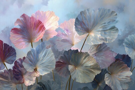 large-scale contemporary atmospheric abstraction with zero literal floral forms, inspired loosely by the motion and dispersal of general plant, soft vaporous filament textured background