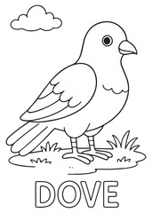 Coloring book Simple line art of a friendly dove standing on grass under the clouds for kids to color.