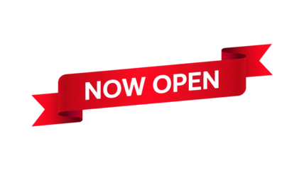 Now open red ribbon banner, great for business announcements, promotions
