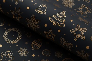 Seamless luxury wallpaper pattern of a christmas theme featuring only christmas related items, matte black tone-on-tone design background with golden outline