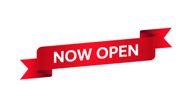 Now open red ribbon banner, great for business announcements, promotions