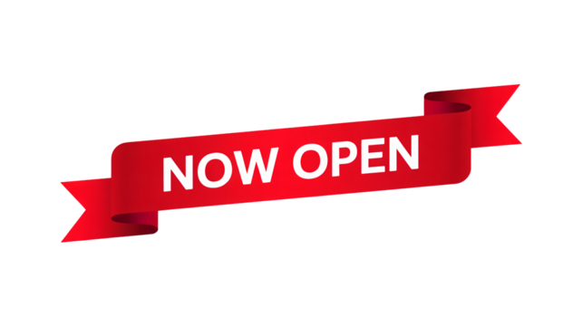 Now open red ribbon banner, great for business announcements, promotions