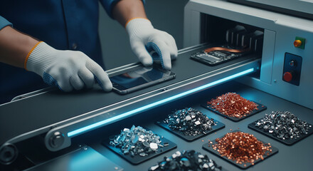 Expert meticulously sorts smartphone components on a high tech assembly line, reclaiming valuable metals from electronic waste in a modern recycling facility