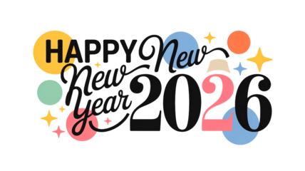 Cheerful Happy New Year 2026 graphic with festive retro design elements