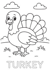 Coloring book Cute turkey standing on the grass with its feathers spread, perfect for kids learning animals.