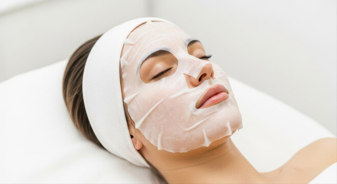 Close up of woman with white sheet facial mask on face lying in spa salon relax concept