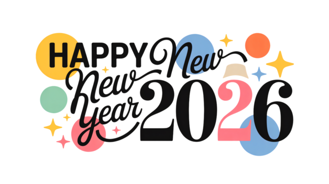 Cheerful Happy New Year 2026 graphic with festive retro design elements