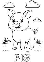 Fototapeta premium Coloring book pig standing on grass under the clouds, designed for easy coloring practice.