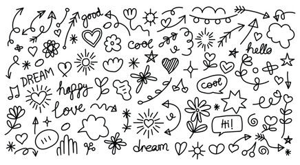 Whimsical Hand Drawn Doodle Collection Illustration with Arrows, Hearts