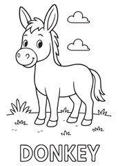Coloring book donkey standing on the grass, drawn in a cute and simple style for children.